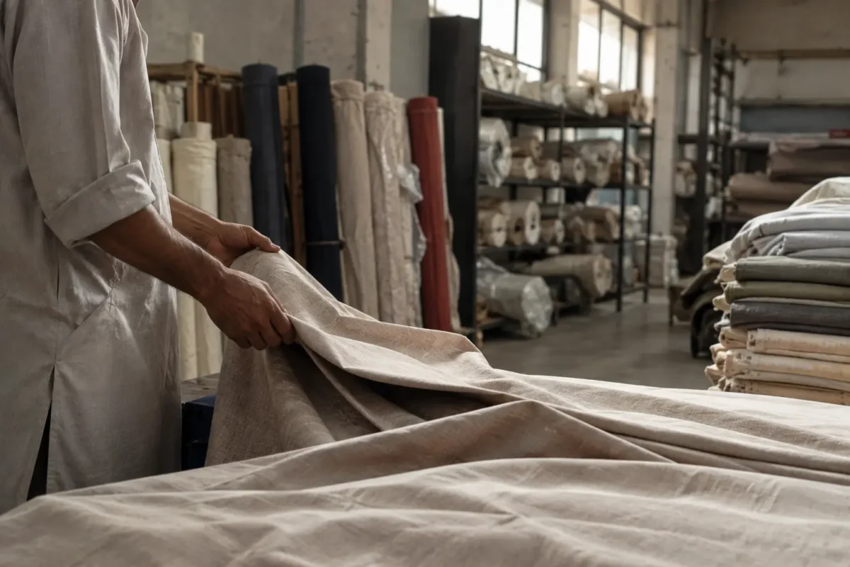 Hands inspecting fabric in a textile warehouse